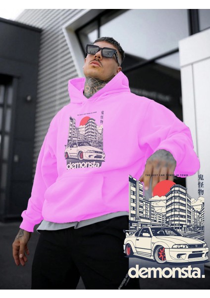 Kadın, Erkek Sweatshirt Oversize Demonsta Car Baskılı Kalın Pembe Sevgili Sweatshirt