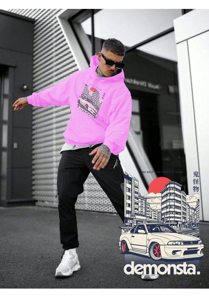 Kadın, Erkek Sweatshirt Oversize Demonsta Car Baskılı Kalın Pembe Sevgili Sweatshirt