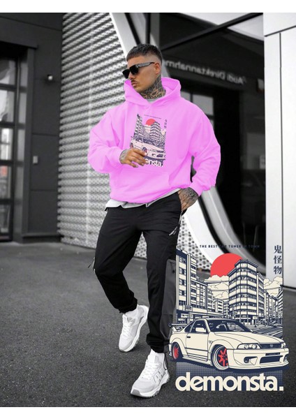 Kadın, Erkek Sweatshirt Oversize Demonsta Car Baskılı Kalın Pembe Sevgili Sweatshirt