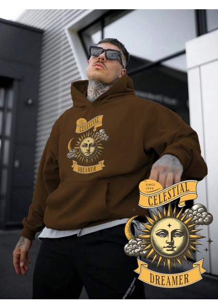 Kadın, Erkek Sweatshirt Oversize  Güneş ve Ay Rüyası  Baskılı Kalın Kahverengi Sevgili Sweatshirt