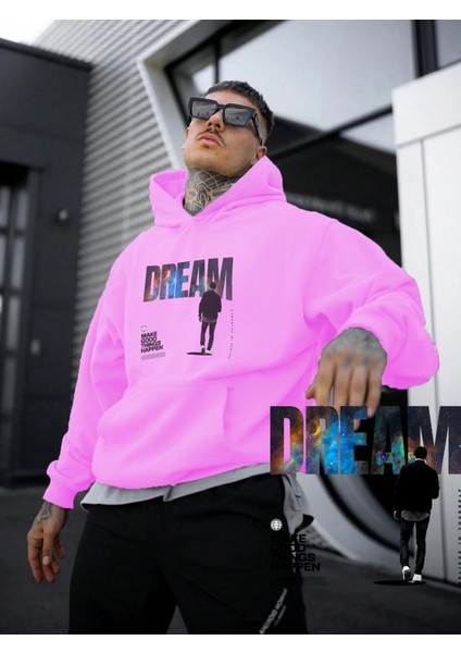 Kadın, Erkek Sweatshirt Oversize Dream Baskılı Kalın Pembe Sevgili Sweatshirt