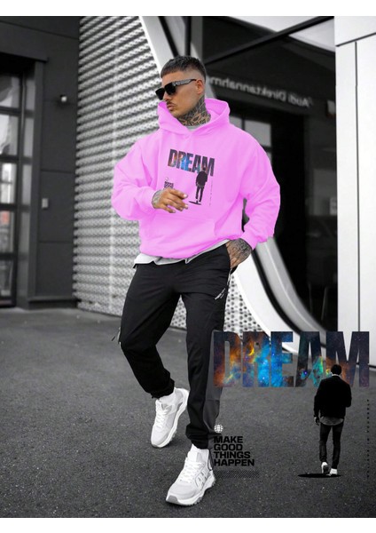 Kadın, Erkek Sweatshirt Oversize Dream Baskılı Kalın Pembe Sevgili Sweatshirt