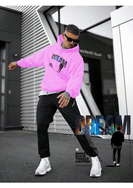 Kadın, Erkek Sweatshirt Oversize Dream Baskılı Kalın Pembe Sevgili Sweatshirt