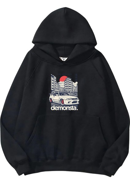 Kadın, Erkek Sweatshirt Oversize Demonsta Car Baskılı Kalın Siyah Sevgili Sweatshirt