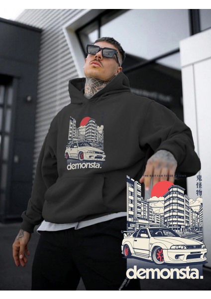 Kadın, Erkek Sweatshirt Oversize Demonsta Car Baskılı Kalın Siyah Sevgili Sweatshirt