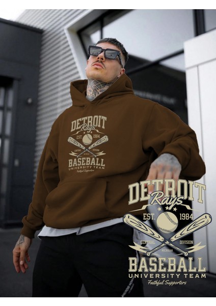 Kadın, Erkek Sweatshirt Oversize Detroit Rays Baskılı Kalın Kahverengi Sevgili Sweatshirt