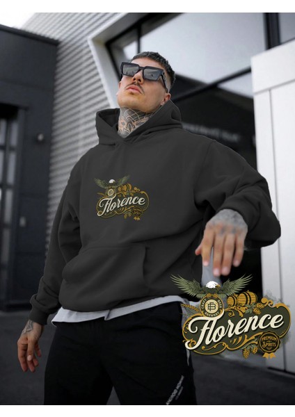 Kadın, Erkek Sweatshirt Oversize Florence Beer Eagle Barrel Baskılı Kalın Siyah Sevgili Sweatshirt