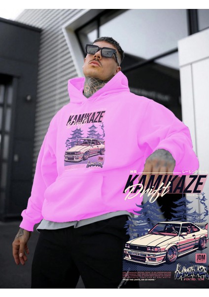 Kadın, Erkek Sweatshirt Oversize Kamikaze Racing Team Baskılı Kalın Pembe Sevgili Sweatshirt