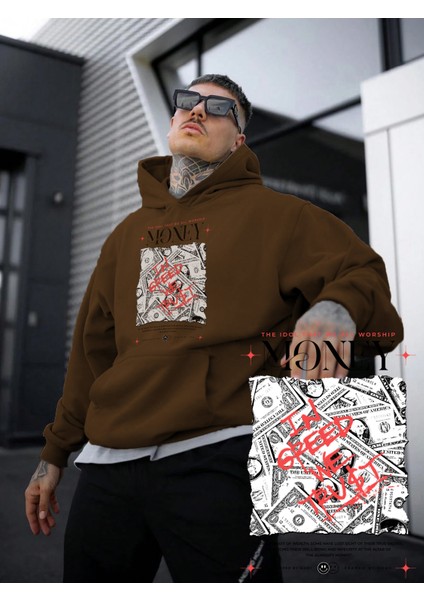 Kadın, Erkek Sweatshirt Oversize Money Baskılı Kalın Kahverengi Sevgili Sweatshirt