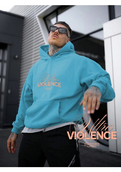 Mavi Sweatshirt Ultra Violence Minimalist Typography Baskılı Kalın Bebemavisi Sevgili Sweatshirt