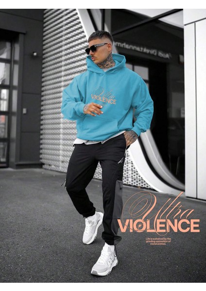 Mavi Sweatshirt Ultra Violence Minimalist Typography Baskılı Kalın Bebemavisi Sevgili Sweatshirt