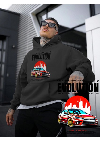 Kadın, Erkek Sweatshirt Oversize Evolution Baskılı Kalın Siyah Sevgili Sweatshirt