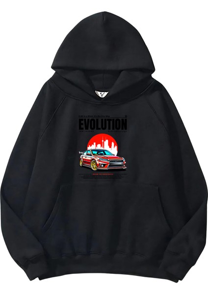 Kadın, Erkek Sweatshirt Oversize Evolution Baskılı Kalın Siyah Sevgili Sweatshirt