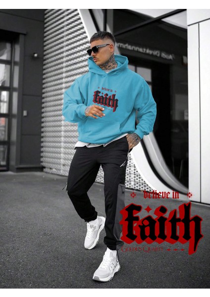 Mavi Sweatshirt Faith Baskılı Kalın Bebemavisi Sevgili Sweatshirt