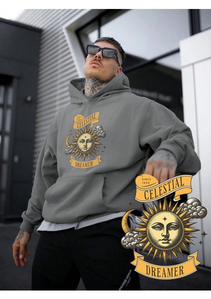 Kadın, Erkek Sweatshirt Oversize Güneş ve Ay Rüyası Baskılı Kalın Gri Sevgili Sweatshirt