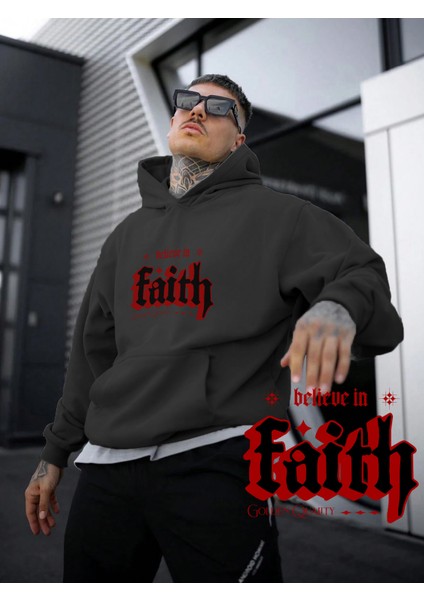 Kadın, Erkek Sweatshirt Oversize Faith Baskılı Kalın Siyah Sevgili Sweatshirt