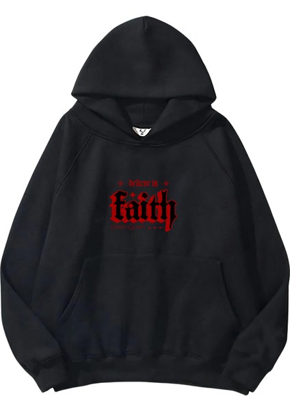 Kadın, Erkek Sweatshirt Oversize Faith Baskılı Kalın Siyah Sevgili Sweatshirt