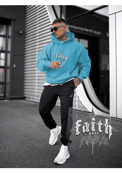 Mavi Sweatshirt Faith Over Fear Dark Cross Baskılı Kalın Bebemavisi Sevgili Sweatshirt