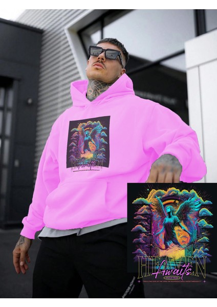 Kadın, Erkek Sweatshirt Oversize Heaven Awaits Baskılı Kalın Pembe Sevgili Sweatshirt