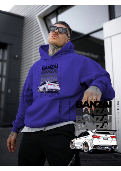 Kadın, Erkek Sweatshirt Oversize Banzai Baskılı Kalın Mor Sevgili Sweatshirt