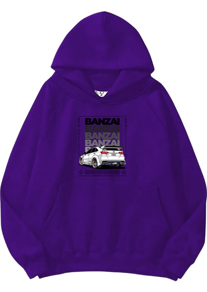 Kadın, Erkek Sweatshirt Oversize Banzai Baskılı Kalın Mor Sevgili Sweatshirt