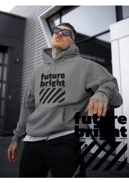 Kadın, Erkek Sweatshirt Oversize Future Bright Baskılı Kalın Gri Sevgili Sweatshirt