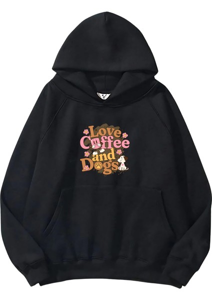 Kadın, Erkek Sweatshirt Oversize Love Coffe And Dogs Baskılı Kalın Siyah Sevgili Sweatshirt