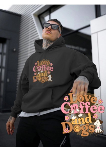 Kadın, Erkek Sweatshirt Oversize Love Coffe And Dogs Baskılı Kalın Siyah Sevgili Sweatshirt