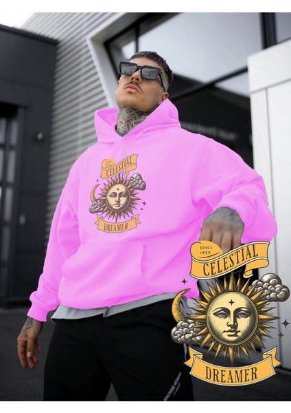 Kadın, Erkek Sweatshirt Oversize  Güneş ve Ay Rüyası  Baskılı Kalın Pembe Sevgili Sweatshirt