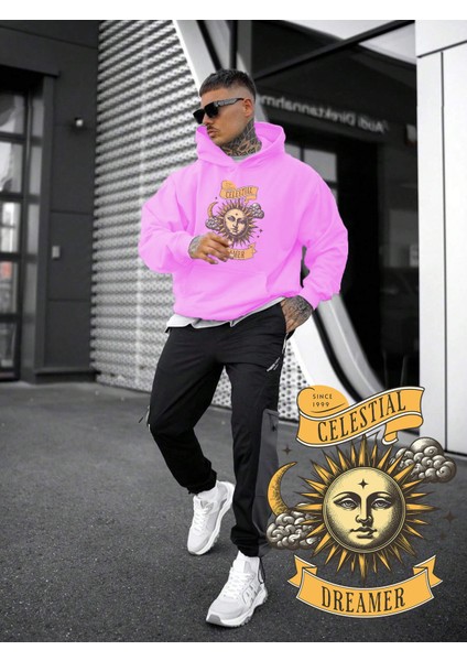 Kadın, Erkek Sweatshirt Oversize  Güneş ve Ay Rüyası  Baskılı Kalın Pembe Sevgili Sweatshirt