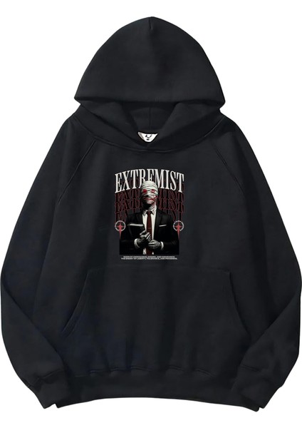 Kadın, Erkek Sweatshirt Oversize Extremist Baskılı Kalın Siyah Sevgili Sweatshirt