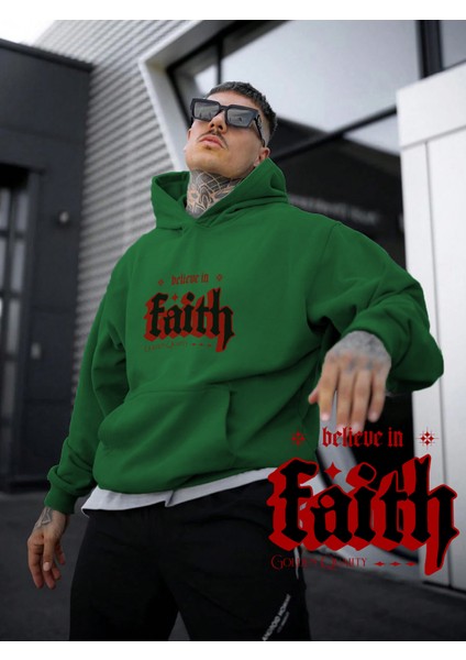 Kadın, Erkek Sweatshirt Oversize Faith Baskılı Kalın Yeşil Sevgili Sweatshirt