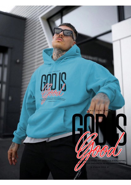 Mavi Sweatshirt God Is Good Baskılı Kalın Bebemavisi Sevgili Sweatshirt