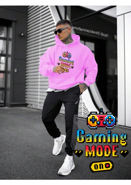 Kadın, Erkek Sweatshirt Gaming Mode On Joystick Game Baskılı Kalın Pembe Sevgili Sweatshirt