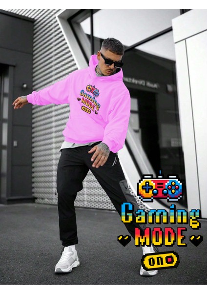 Kadın, Erkek Sweatshirt Gaming Mode On Joystick Game Baskılı Kalın Pembe Sevgili Sweatshirt