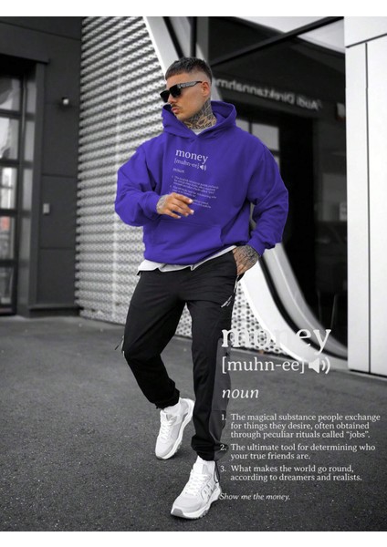 Kadın, Erkek Sweatshirt Oversize Money Definition Baskılı Kalın Mor Sevgili Sweatshirt