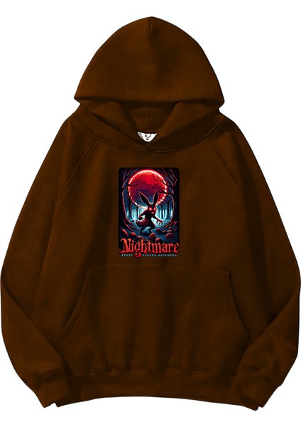 Kadın, Erkek Sweatshirt Oversize Nightmare Eerie Baskılı Kalın Kahverengi Sevgili Sweatshirt