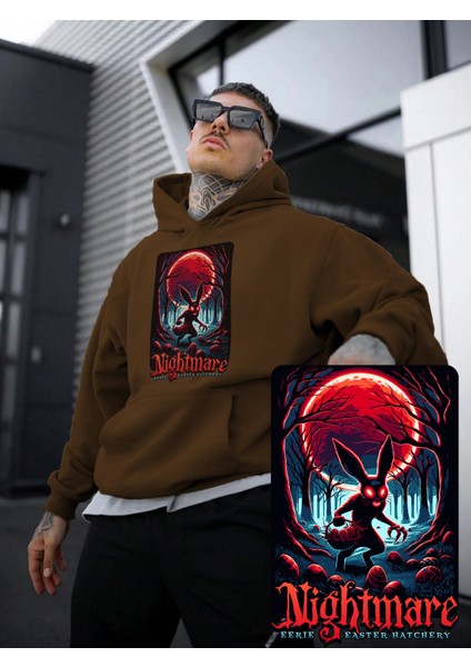 Kadın, Erkek Sweatshirt Oversize Nightmare Eerie Baskılı Kalın Kahverengi Sevgili Sweatshirt