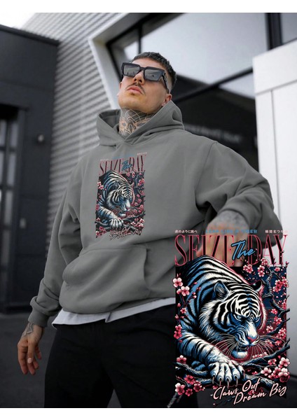 Kadın, Erkek Sweatshirt Oversize Tiger Leap Baskılı Kalın Gri Sevgili Sweatshirt