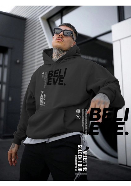 Kadın, Erkek Sweatshirt Oversize Believe Baskılı Kalın Siyah Sevgili Sweatshirt