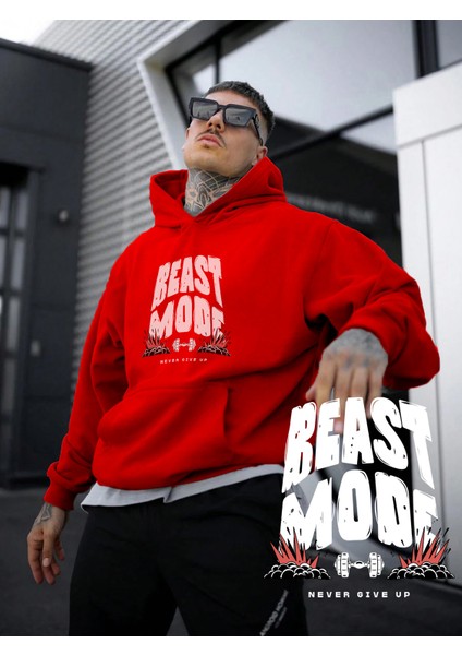 Kadın, Erkek Sweatshirt Oversize Beast Mode Baskılı Kalın Kırmızı Sevgili Sweatshirt