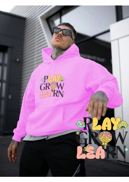 Kadın, Erkek Sweatshirt Oversize Play Grow Learn Kids S Baskılı Kalın Pembe Sevgili Sweatshirt