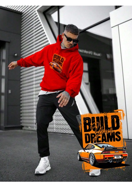 Kadın, Erkek Sweatshirt Oversize Build Your Dreams Baskılı Kalın Kırmızı Sevgili Sweatshirt