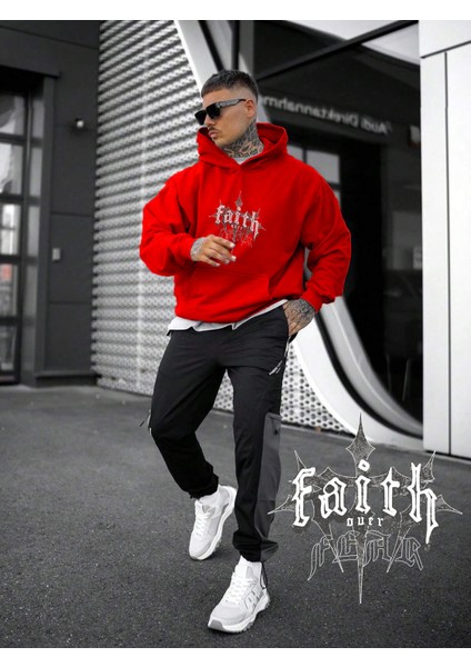 Kadın, Erkek Sweatshirt Faith Over Fear Dark Cross Baskılı Kalın Kırmızı Sevgili Sweatshirt