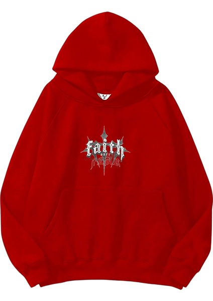 Kadın, Erkek Sweatshirt Faith Over Fear Dark Cross Baskılı Kalın Kırmızı Sevgili Sweatshirt