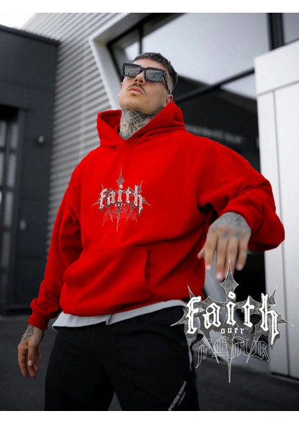 Kadın, Erkek Sweatshirt Faith Over Fear Dark Cross Baskılı Kalın Kırmızı Sevgili Sweatshirt