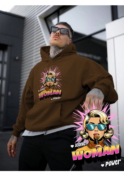 Kadın, Erkek Sweatshirt Kadın Gücü Comic Cartoon Baskılı Kalın Kahverengi Sevgili Sweatshirt