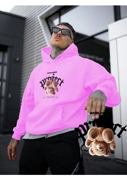 Kadın, Erkek Sweatshirt Oversize Worldwide Project Baskılı Kalın Pembe Sevgili Sweatshirt