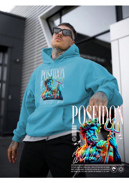 Mavi Sweatshirt Poseidon Sea Tanrı Yunan Mitolojisi Y2K Baskılı Kalın Bebemavisi Sevgili Sweatshirt