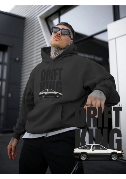 Kadın, Erkek Sweatshirt Oversize Drift King Baskılı Kalın Siyah Sevgili Sweatshirt